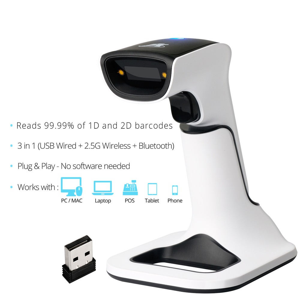1D/2D Wireless Bluetooth Barcode Scanner: 3-in-1 with stand, USB QR Code Reader