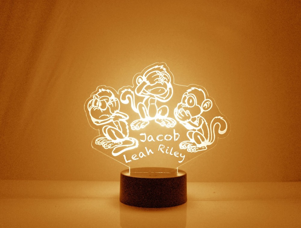 Hear, See & Speak No Evil Monkeys Personalized Night Lamp FREE Engraved Names