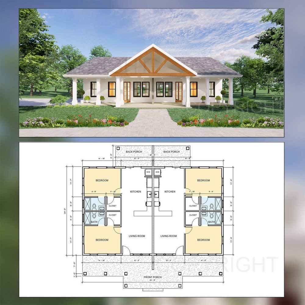 Gable Truss Duplex House Plan Design - 1820 SF - Modern Spacious Multifamily - D