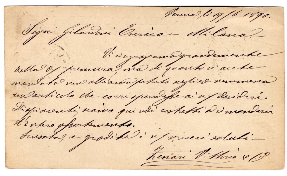 1890 Jun 20th. Postal Card. Verona to Milan.