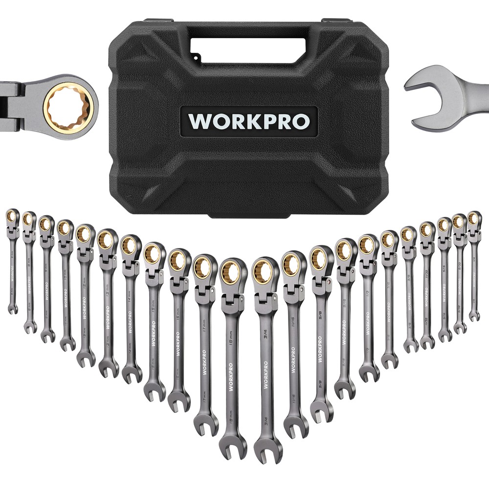 WORKPRO 22-Piece Flex-Head Ratcheting Wrench Set Organizer Box Nickel Plating