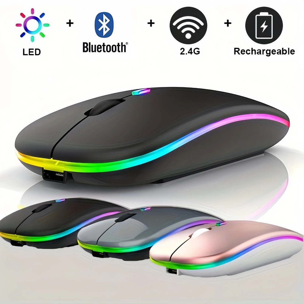 Wireless Bluetooth Mouse Dual Mode 2.4GHz Rechargeable RGB Silent Click Laptop