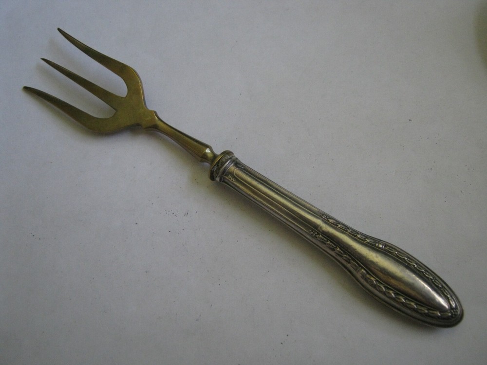 c. 1900 German 800 Silver Handle Brass 6 1/4" Trident Fork, Leaves & Berries