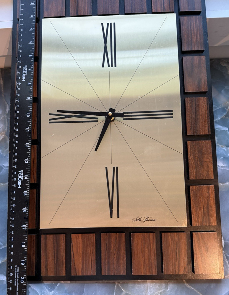Vintage Seth Thomas Mid Century Modern Wall Clock Brass Dial Walnut Blocks