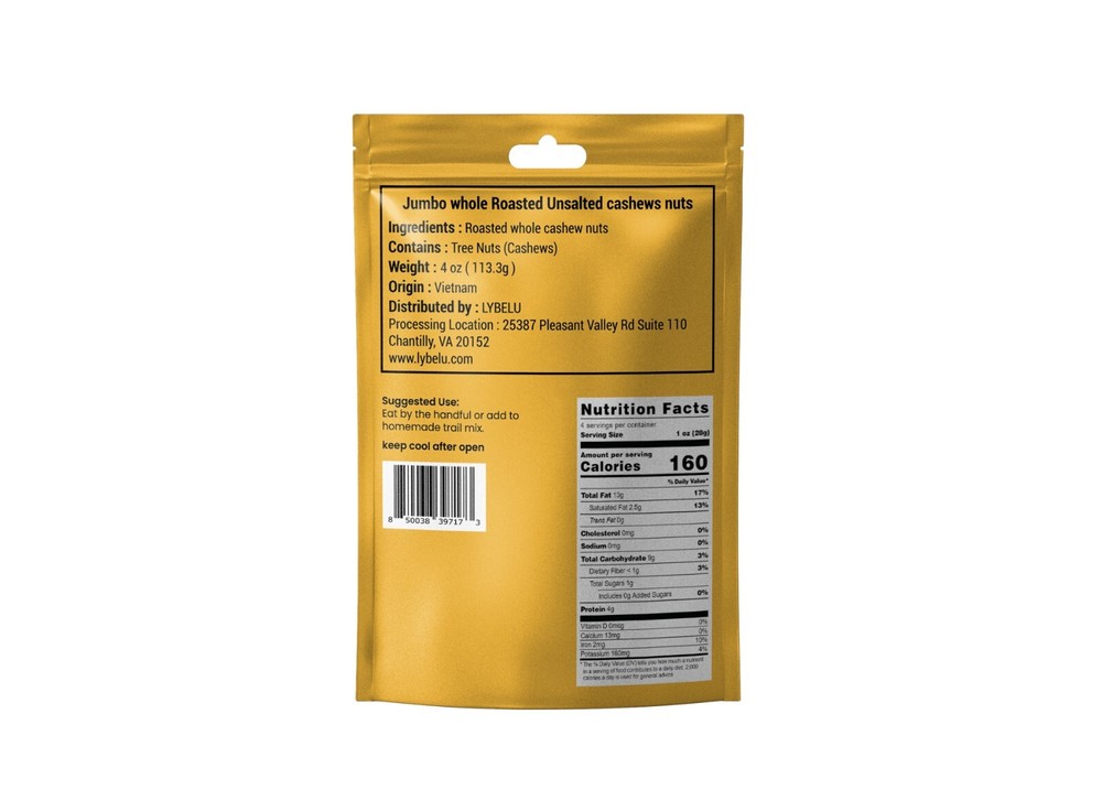 Jumbo Whole Roasted Unsalted Cashews Nuts - 4oz
