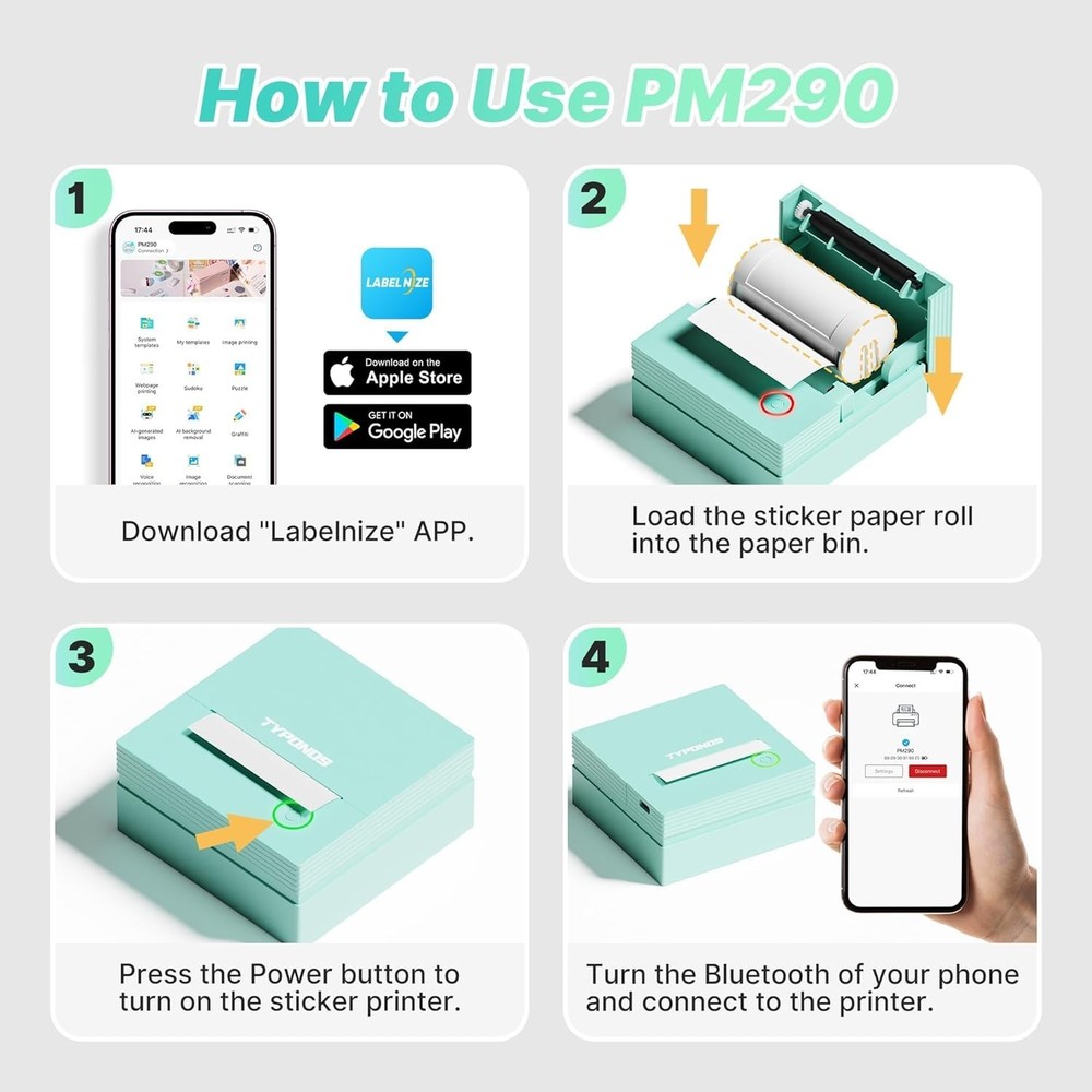 Sticker Printer, PM290 Mini Printer, Bluetooth Sticker Maker Machine with 3 Roll