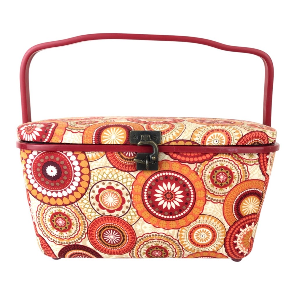 Dritz St Jane Sewing Basket Medium Rectangle Red Orange Circles Fabric Covered