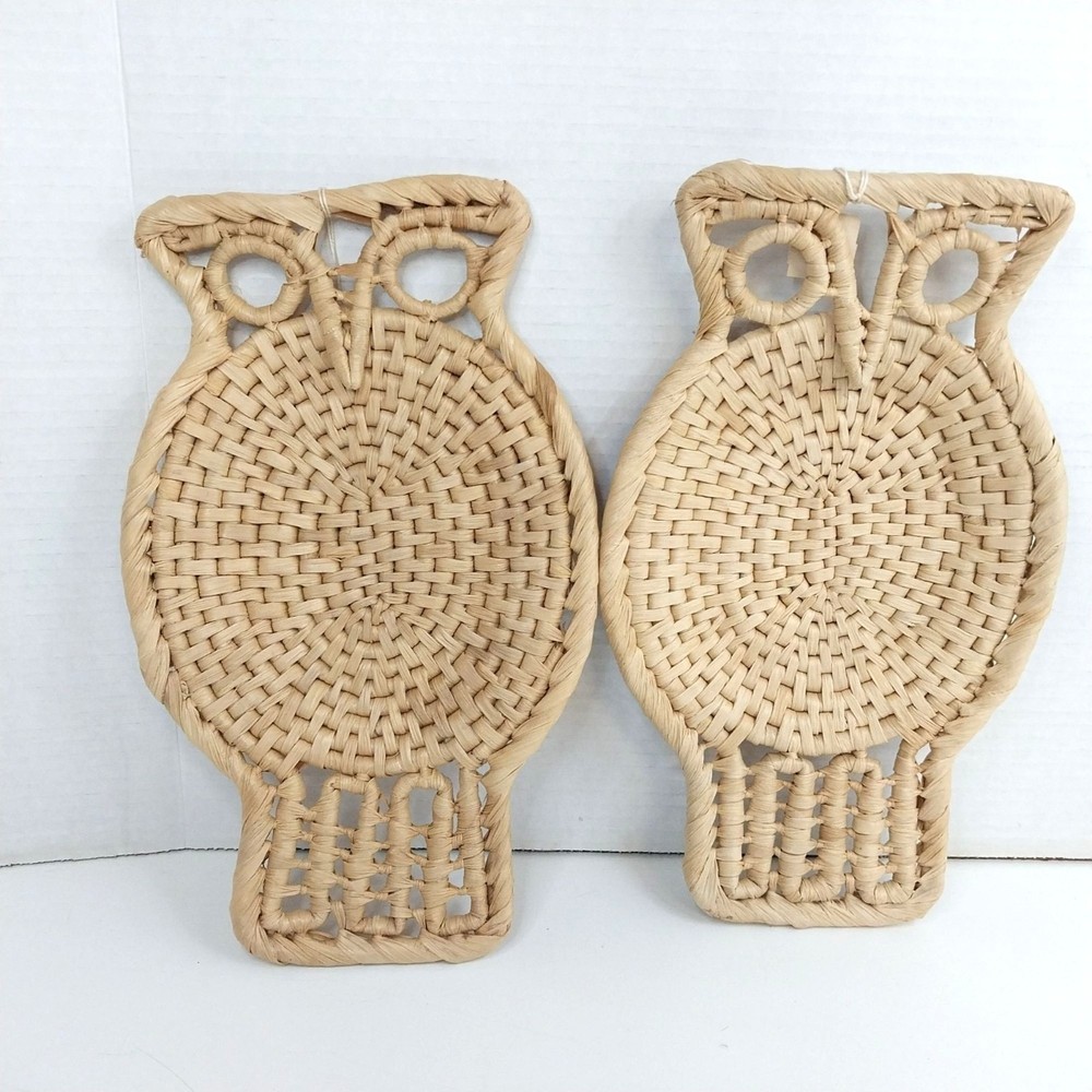 Rustic Straw Owl Baskets Wall Hanging Trivets Boho Chic
