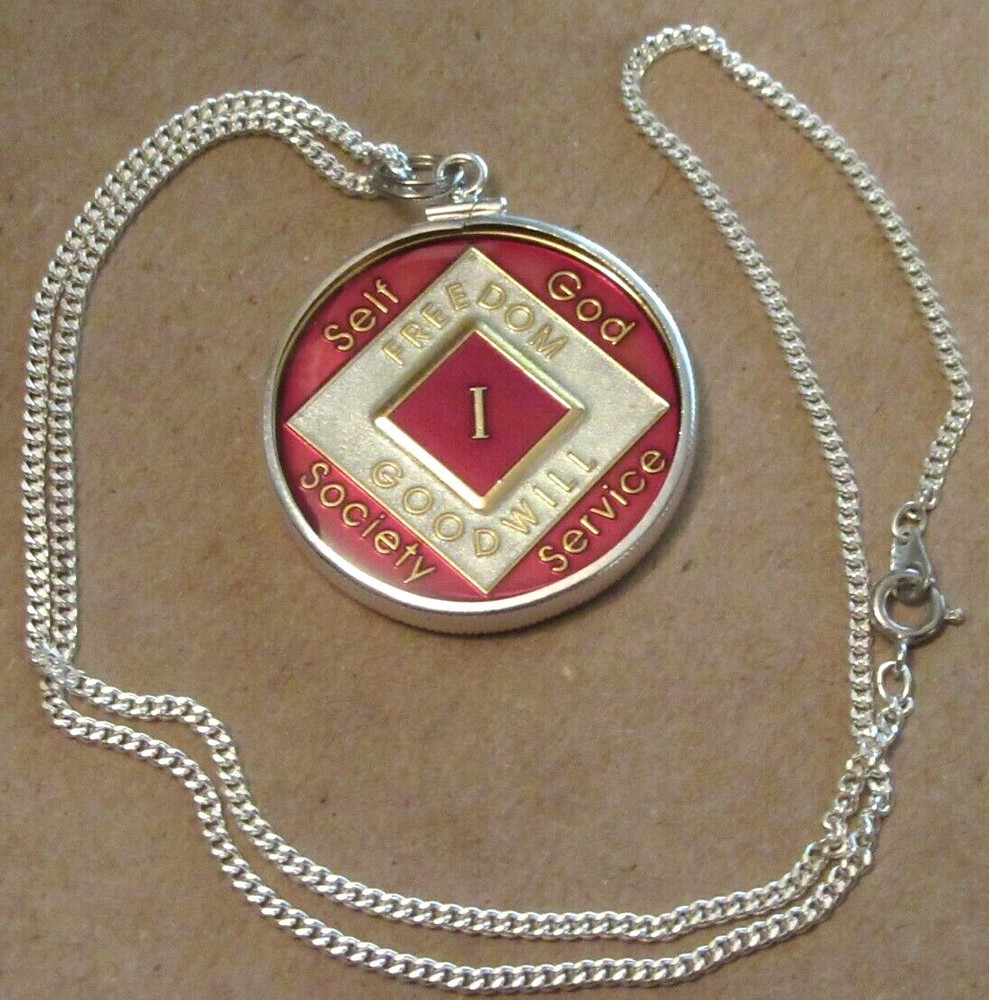 Narcotics Anonymous Red White 1 year NA Medallion.  Sterling Silver Bezel & 18"