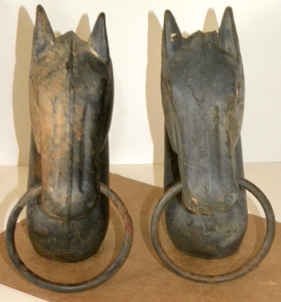 TWO Matching Authentic 42" Cast Iron HORSE HEAD Hitching Posts w/ 8-Sided Base