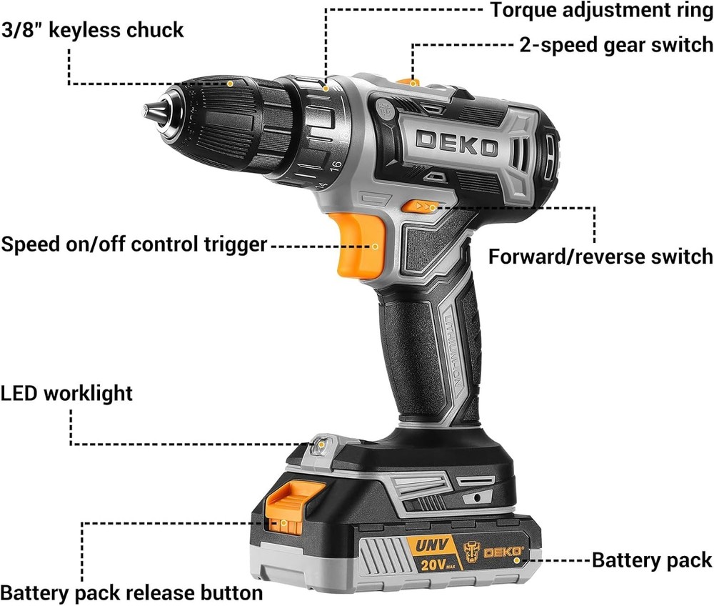 Compact Cordless Drill Set 20V with Battery & 10 Bits - Ideal for DIY Projects