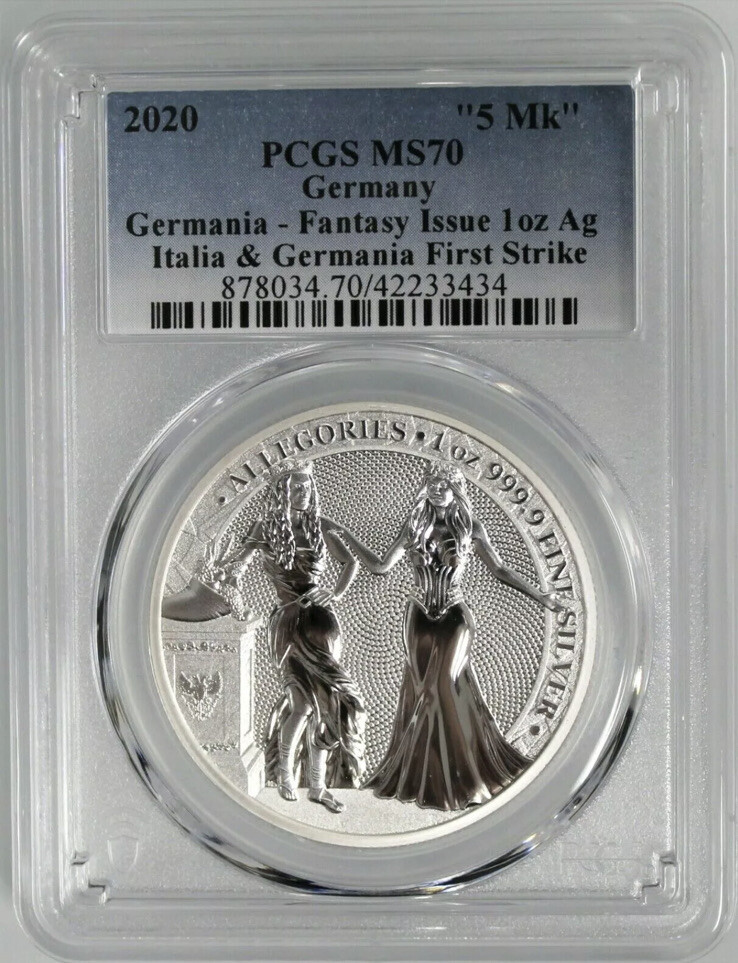 2020 Germania Mint 5 Mk 1oz Silver Italia & Germania PCGS MS70 First Strike