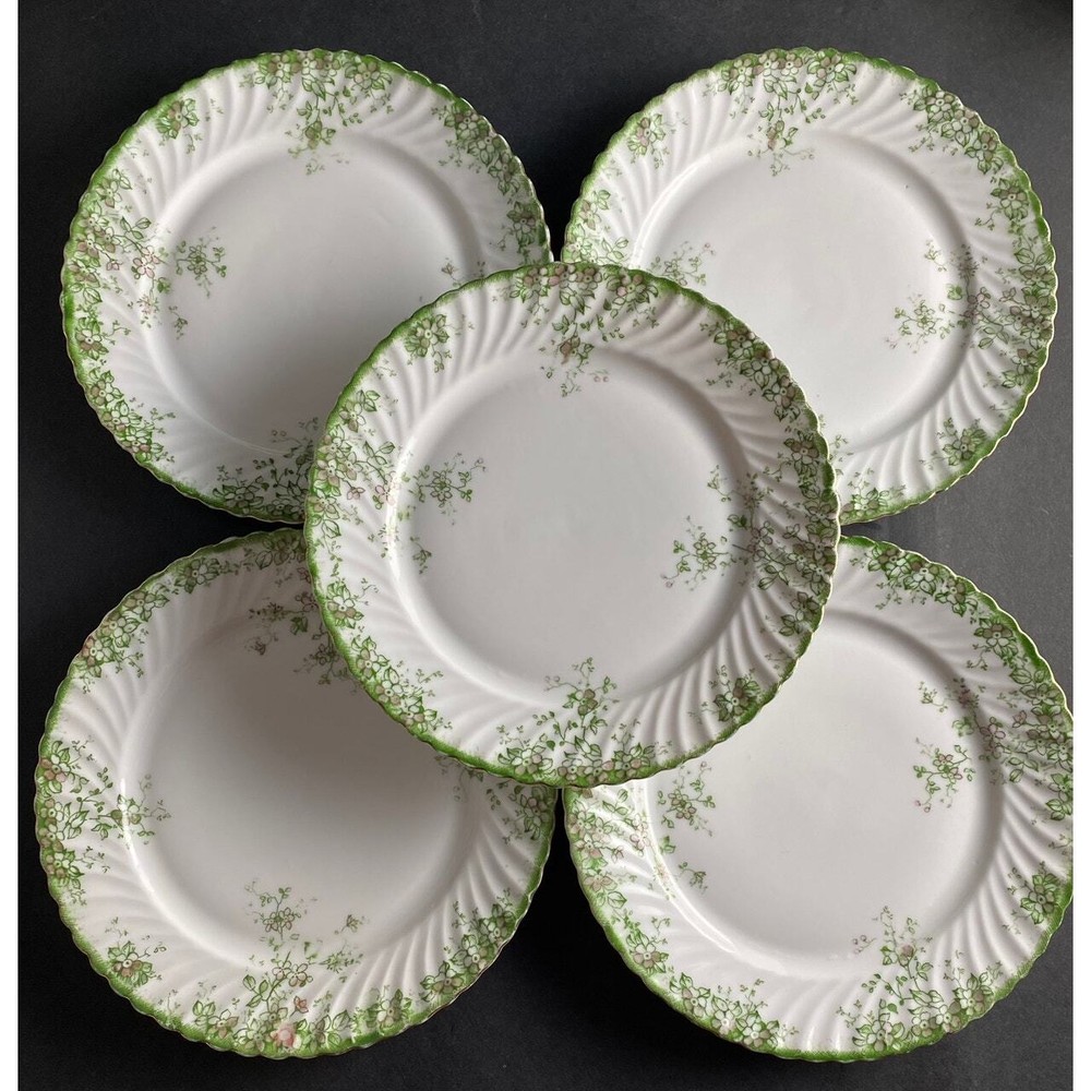 Antique 13-Piece Tea Set - Delicate Green Leaf & Pink Flower Pattern