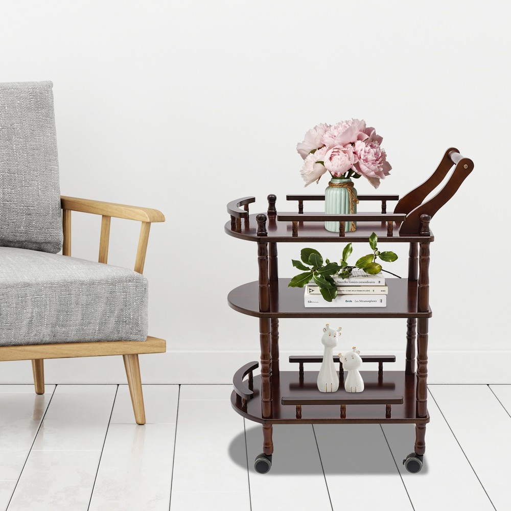 3-Tier Rolling Kitchen Trolley Cart Wood PU Storage Drawers Shelves with Wheels~