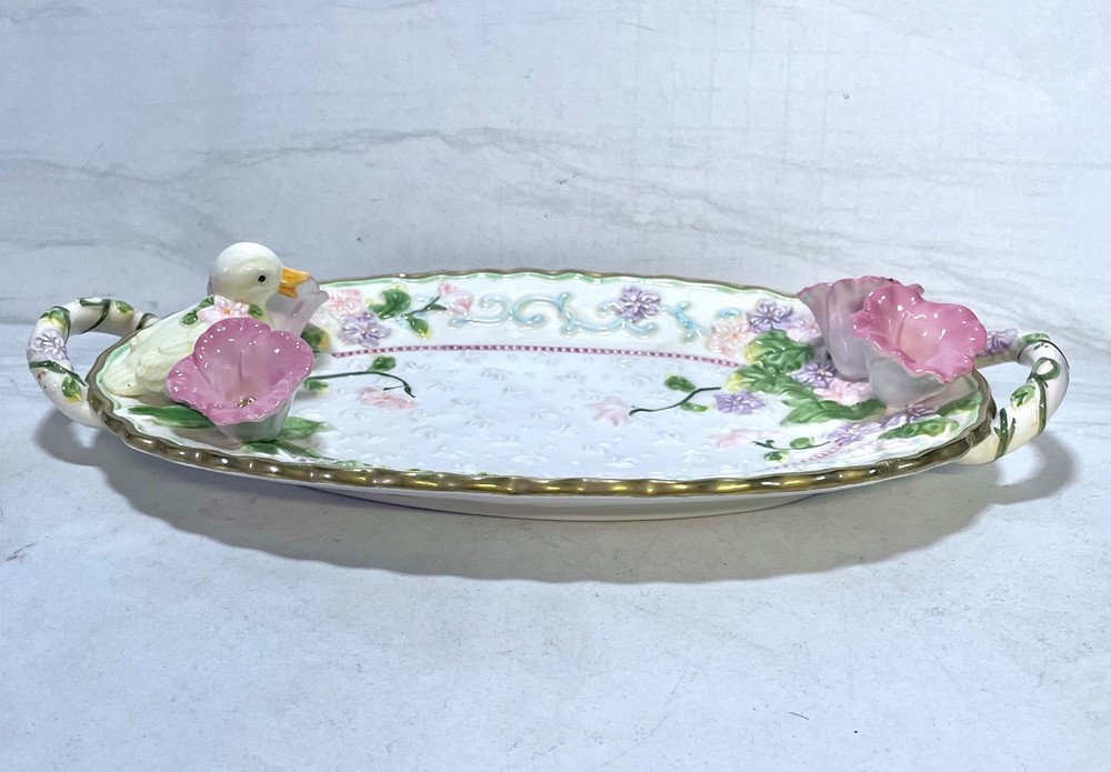 AVON Easter Springtime Embossed Serving Platter Dish Duck Flowers 2001 Vintage