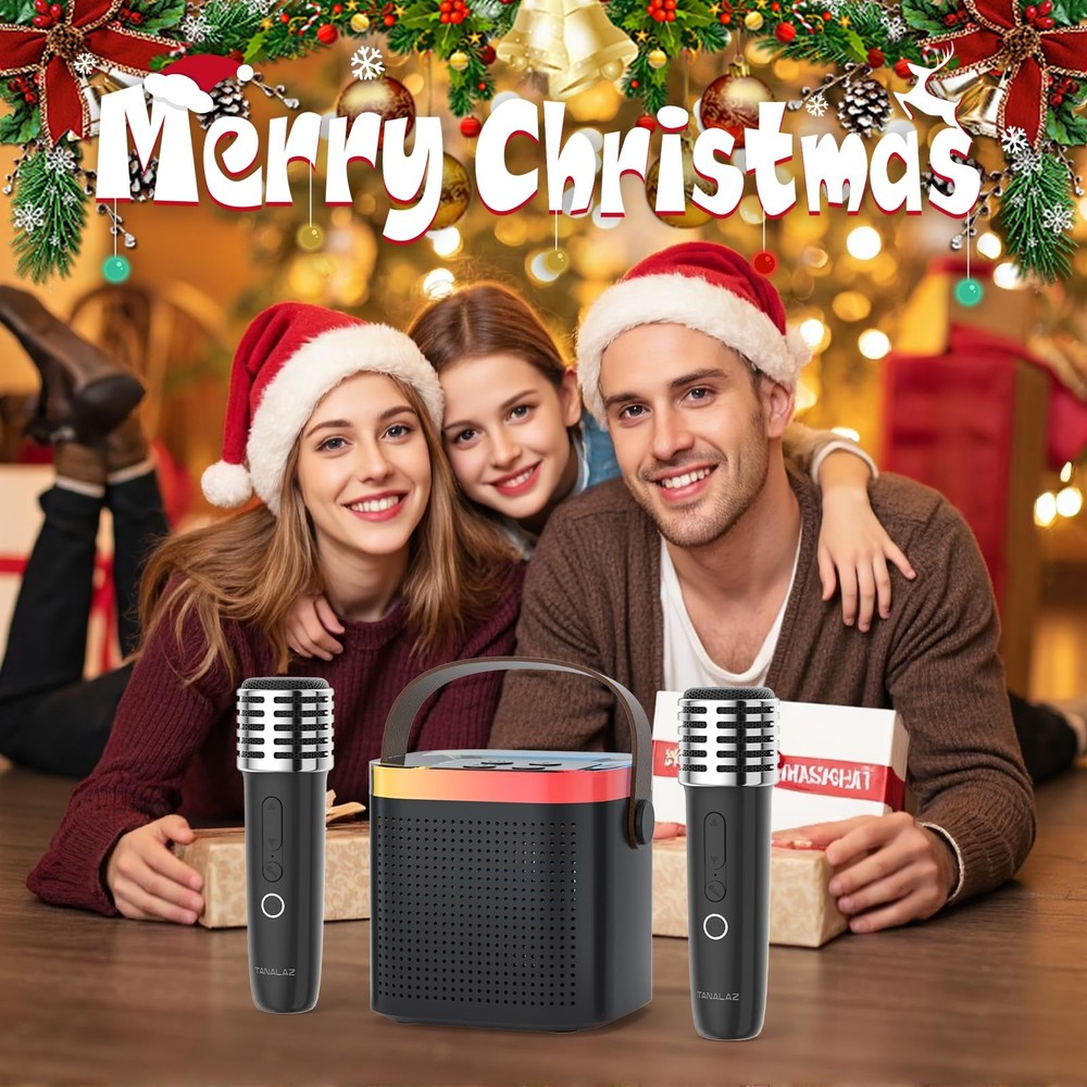 Karaoke Machine with 2 Wireless Microphones and Base, Mini Bluetooth Singing ...