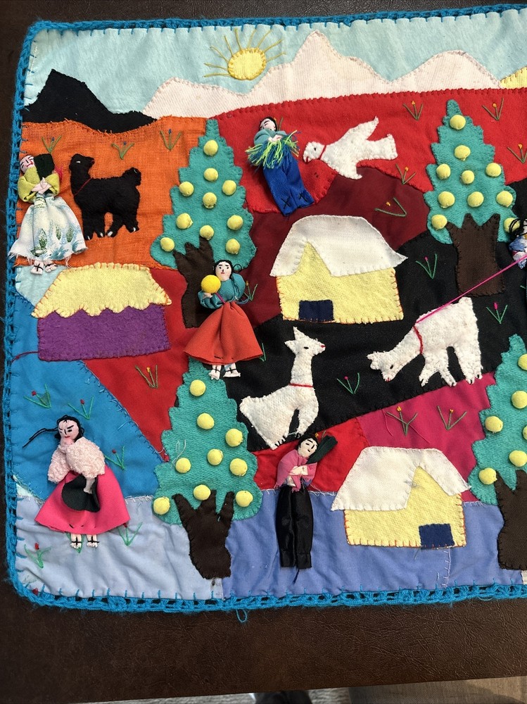 Vintage Peruvian Patchwork 19x37” 3-D Wall Hanging Tapestry Animals + People--