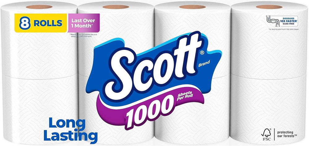 1000 Sheets per Roll, 8 Toilet Paper Rolls, Bath Tissue