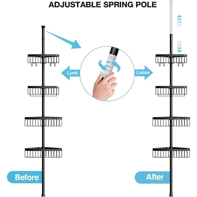 Adjustable Shower Caddy Tension Pole W/ 4 Baskets & Hooks Rust Resistant Storage