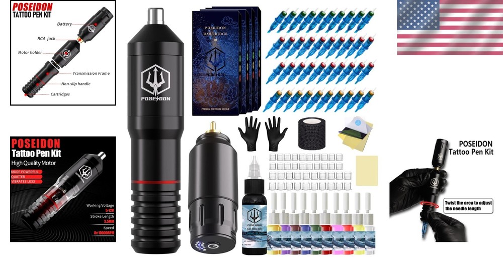 Comprehensive POSEIDON Tattoo Kit: Machine, Needles & Inks - Beginner-Friendly
