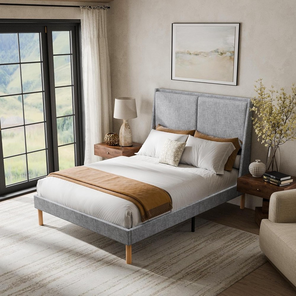 Full Size Upholstered Platform Bed Frame with 51.2"Tall Wingback Headboard Metal