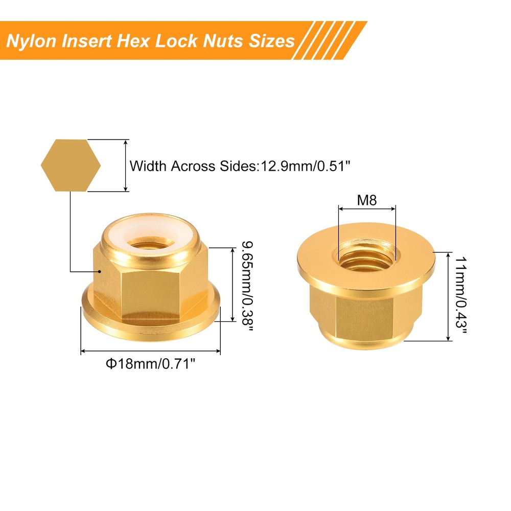 Nylon Insert Hex Lock Nuts, 8pcs - M8x1.25mm Self-Locking Nut(Gold)