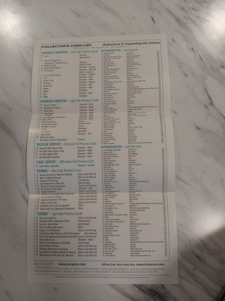 Star Wars CCG Reflections II Complete No Foils Includes Checklist
