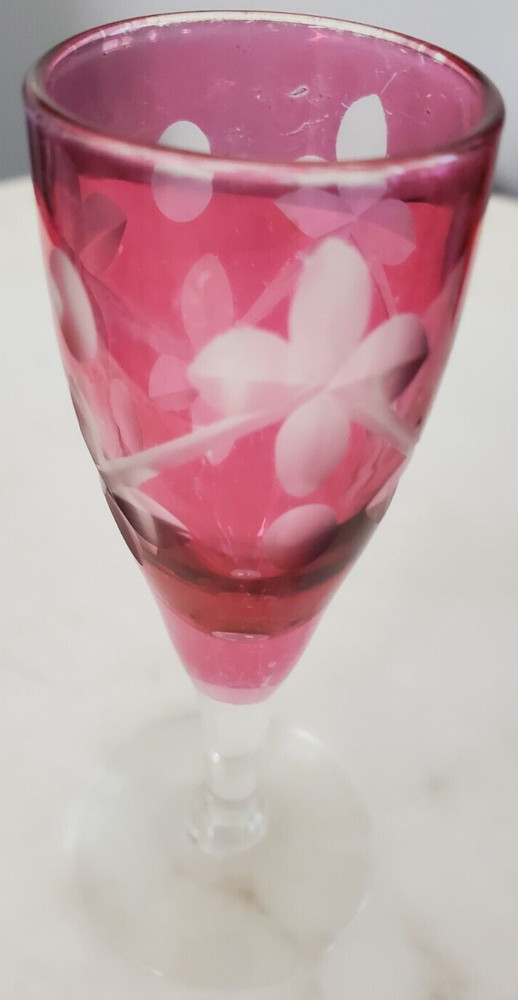 Vintage 2 Crystal Ruby Edged Shot Glasses Beautiful