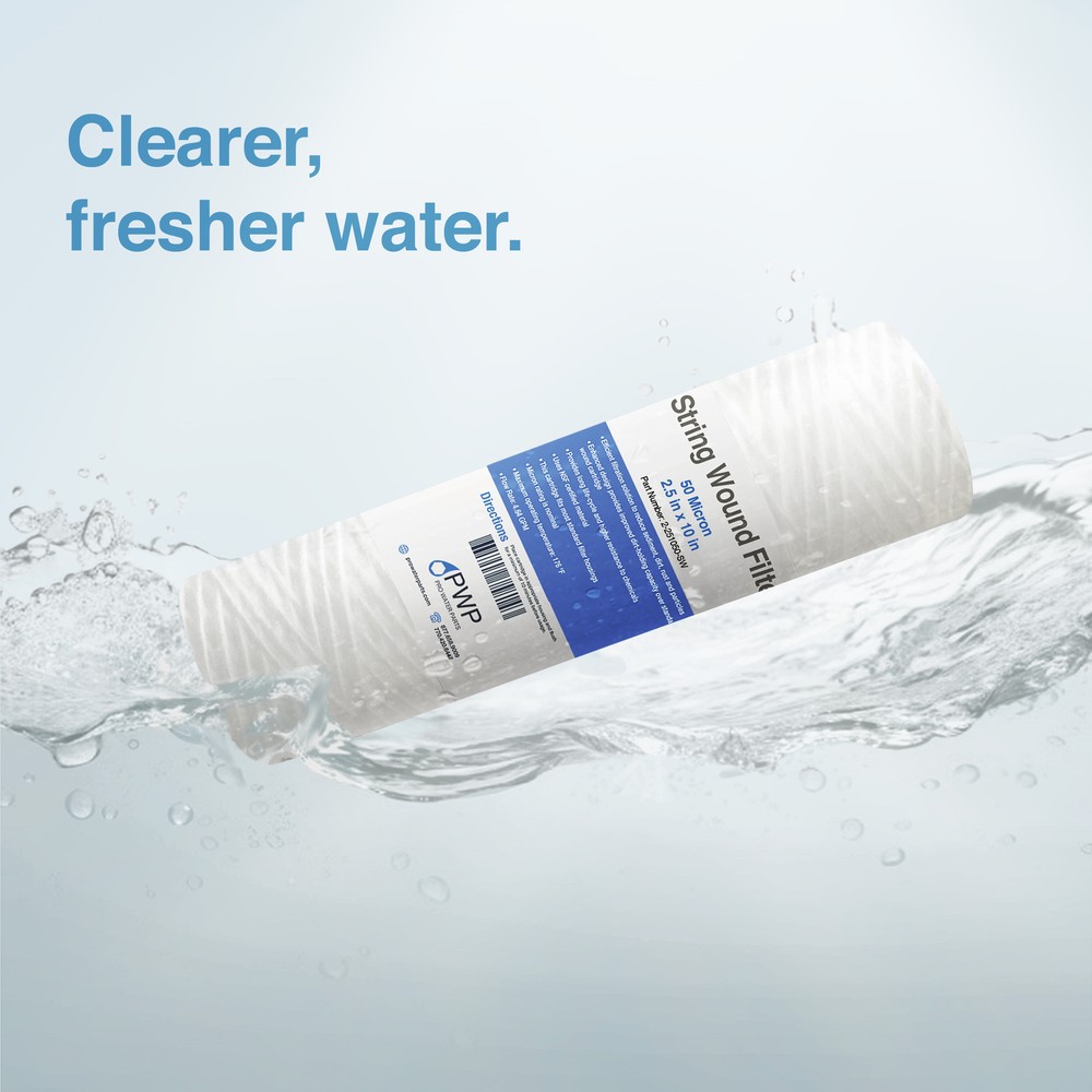 String Wound Sediment Water Filter Cartridge Standard 2.5x10" 50 Micron 50 Pack
