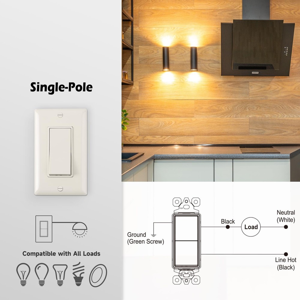 Decorator Wall Light Switch, 15Amp Single Pole On/Off Paddle Switch, Self-gro...