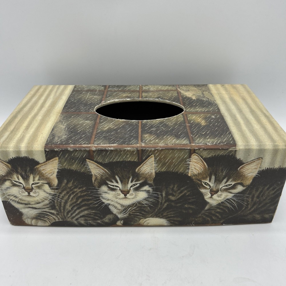 Primitive Tissue Box Bob’s Boxes All Creatures Cats Kittens Rainy Window  VTG