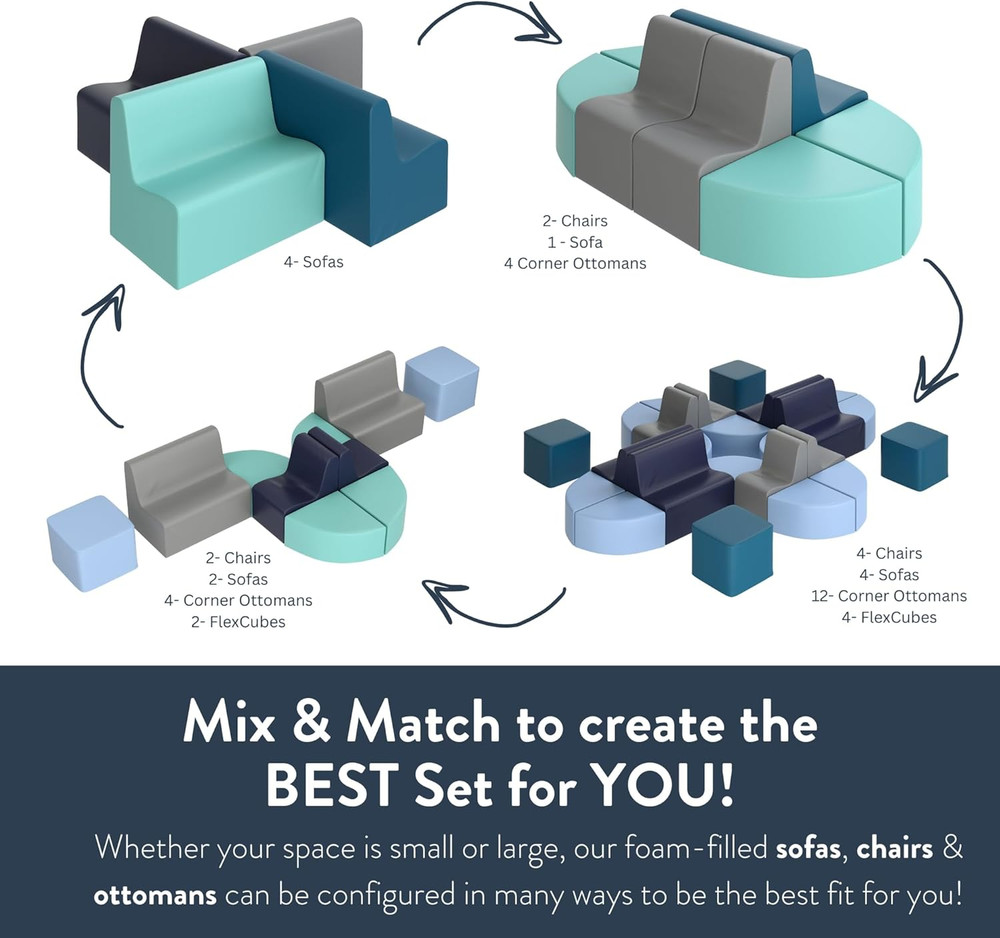Medium Contour Sofa, Mix-And-Match Kids Chairs, Sofas, Corner Ottomans and Cubes