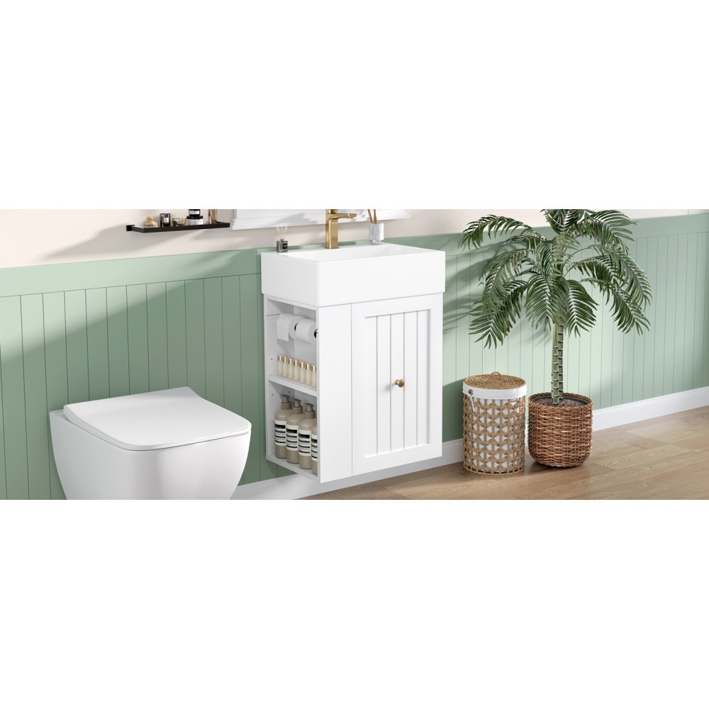 Bathroom Vanity with Ceramic Sink Includes Drawers and Side Shelves