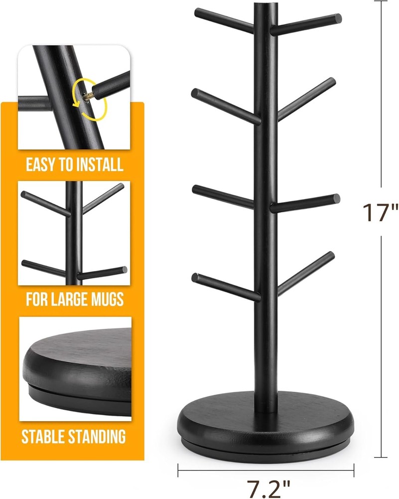 Coffee Mug Tree, 360° Rotated Mug Holder with 8 Hooks, Wooden Coffee