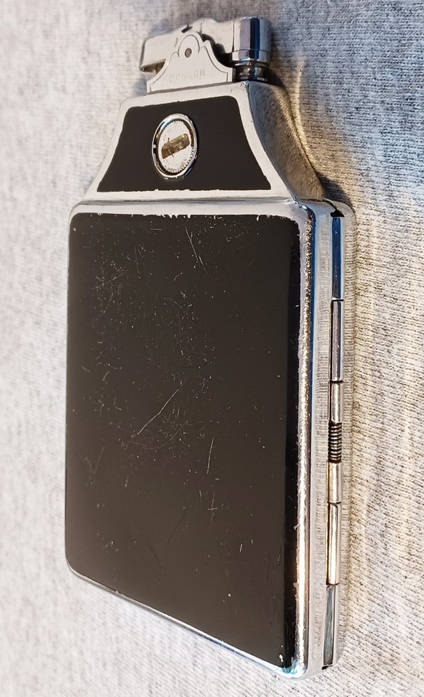 Vintage Ronson Cigarette Case Lighter De-Light Deco Brown White Chrome