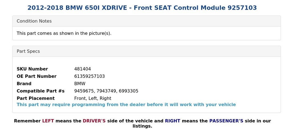 2012-2018 BMW 650I XDRIVE - Front SEAT Control Module 9257103
