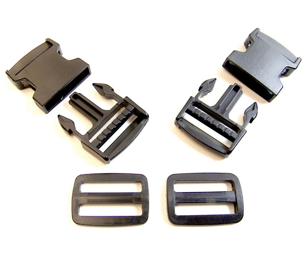 Quick Release Buckle, Clip, Side Release, 1½" Plastic w/ Webbing Slide, 2 Pc Set