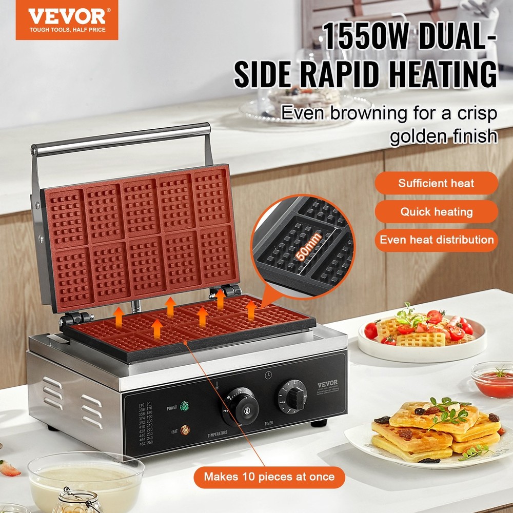 Commercial Waffle Maker 10PCS Rectangle Waffle Baker Machine 1550W Non-Sti