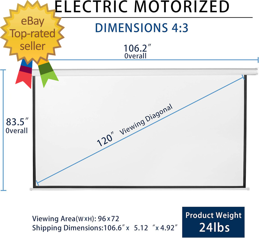 120" Motorized Projector Screen Electric Diagonal Automatic Projection 4:3 HD Mo