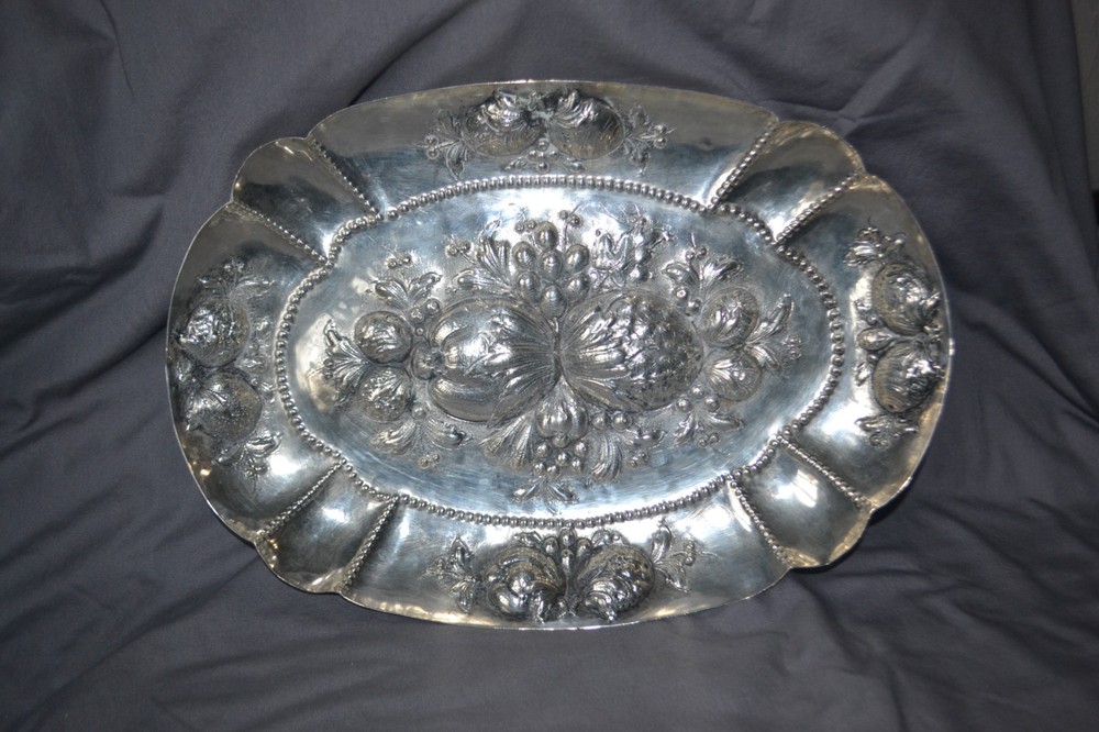 Antique German 800 Silver Repousse "Fruit" Tray Bowl
