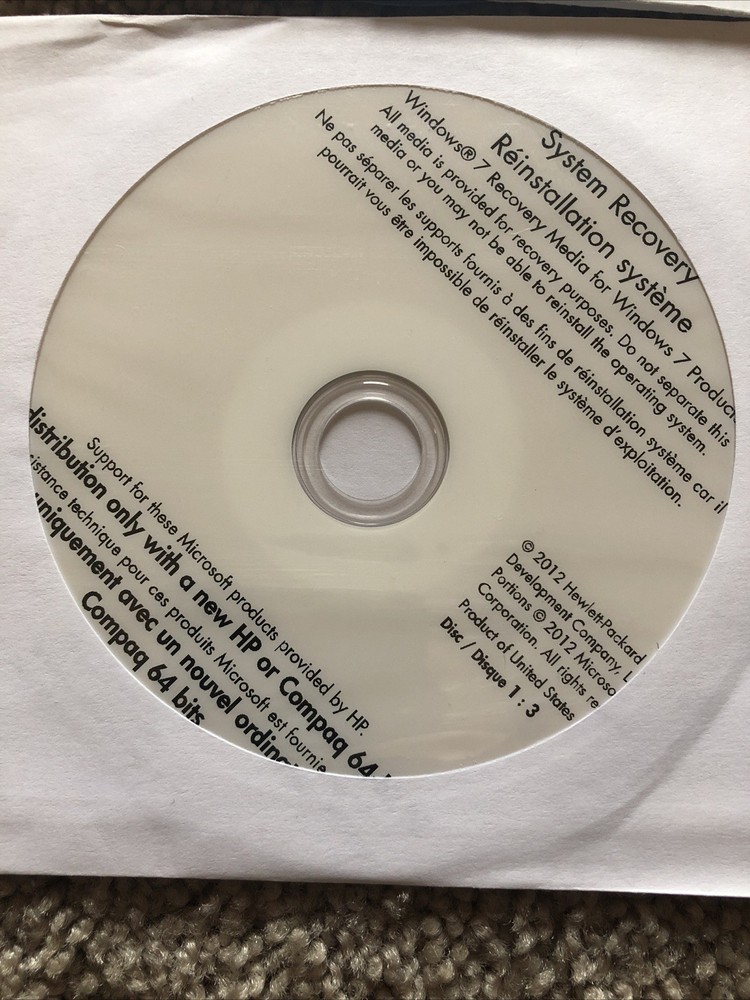HP Windows 7 System Recovery Discs with Instruction paperwork