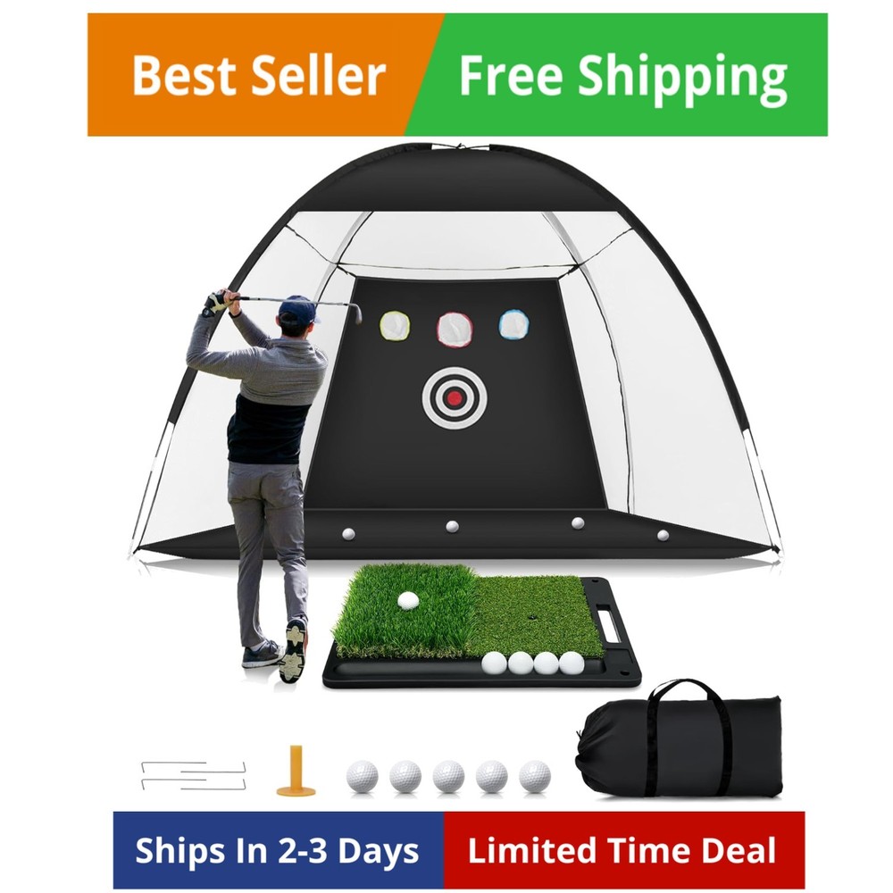 Golf Net for Hitting Practice, 10 x 7FT Golf Training Net with Mat and Target...