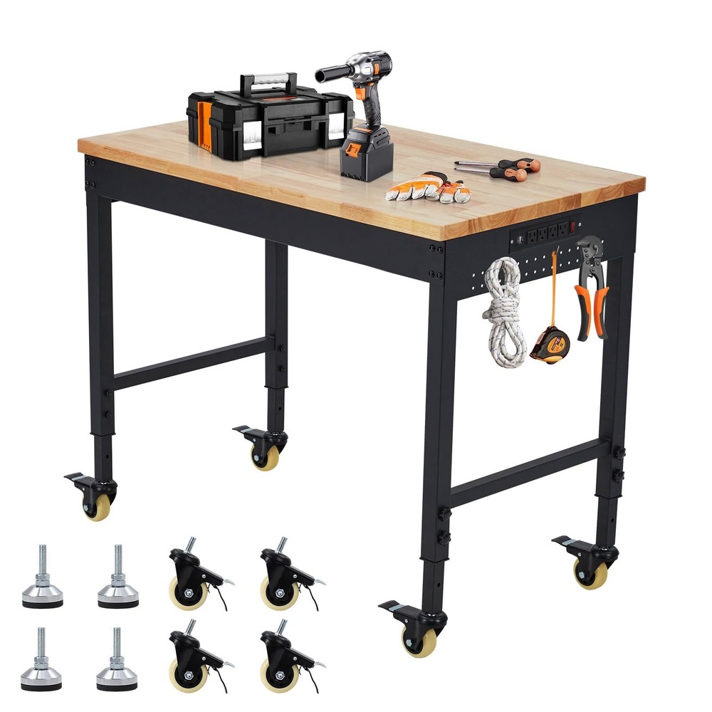48"x 24" Adjustable Workbench ,Rubber Wood Work Table 2000 LBS with Power Outlet