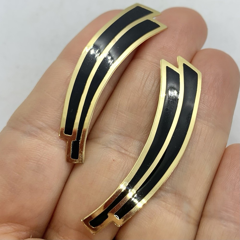 Vtg Black Enamel Geometric Bold Drop Earrings Goldtone Hook Statement Dramatic