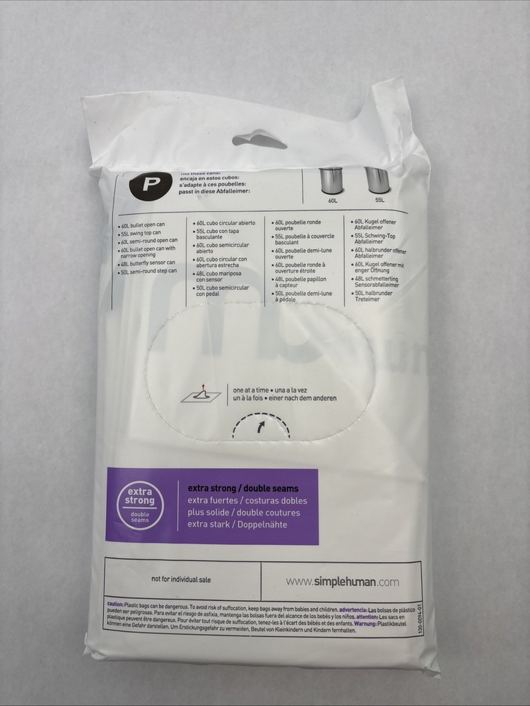 Code P 20 Ct SIMPLEHUMAN Custom Fit Trash Bags Can Liners Refill Size White Pack