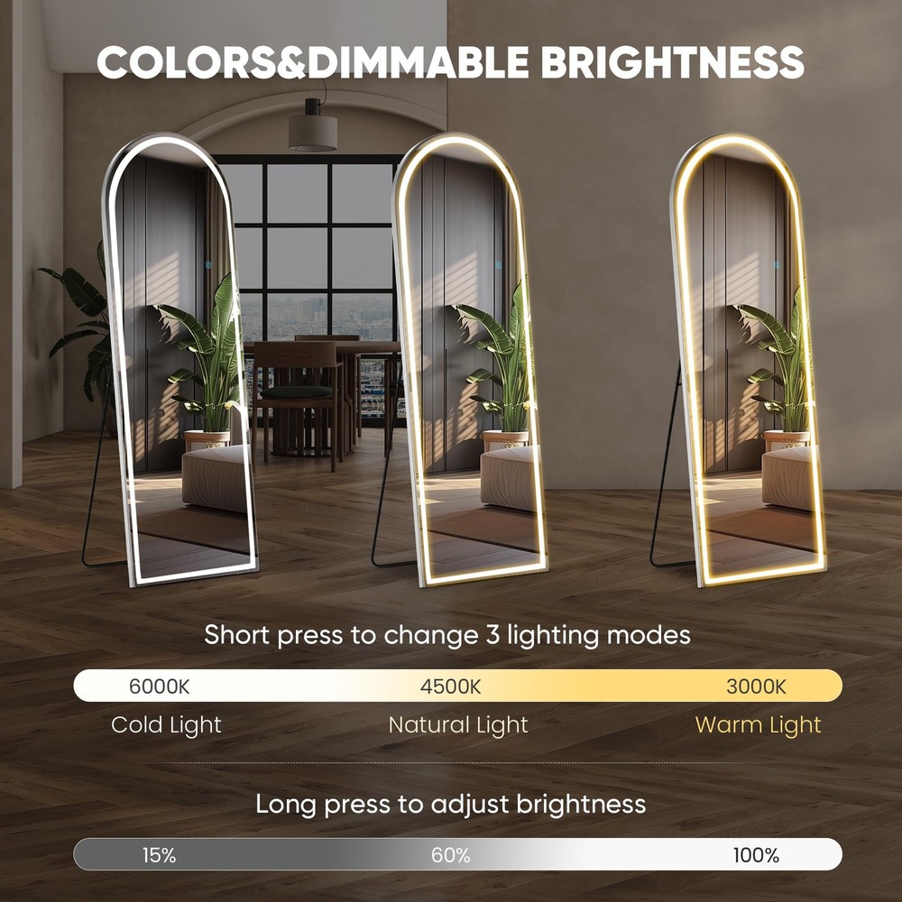 Arched Full Length Mirror LED Light Floor Standing Wall Mounted 3 Color Lights
