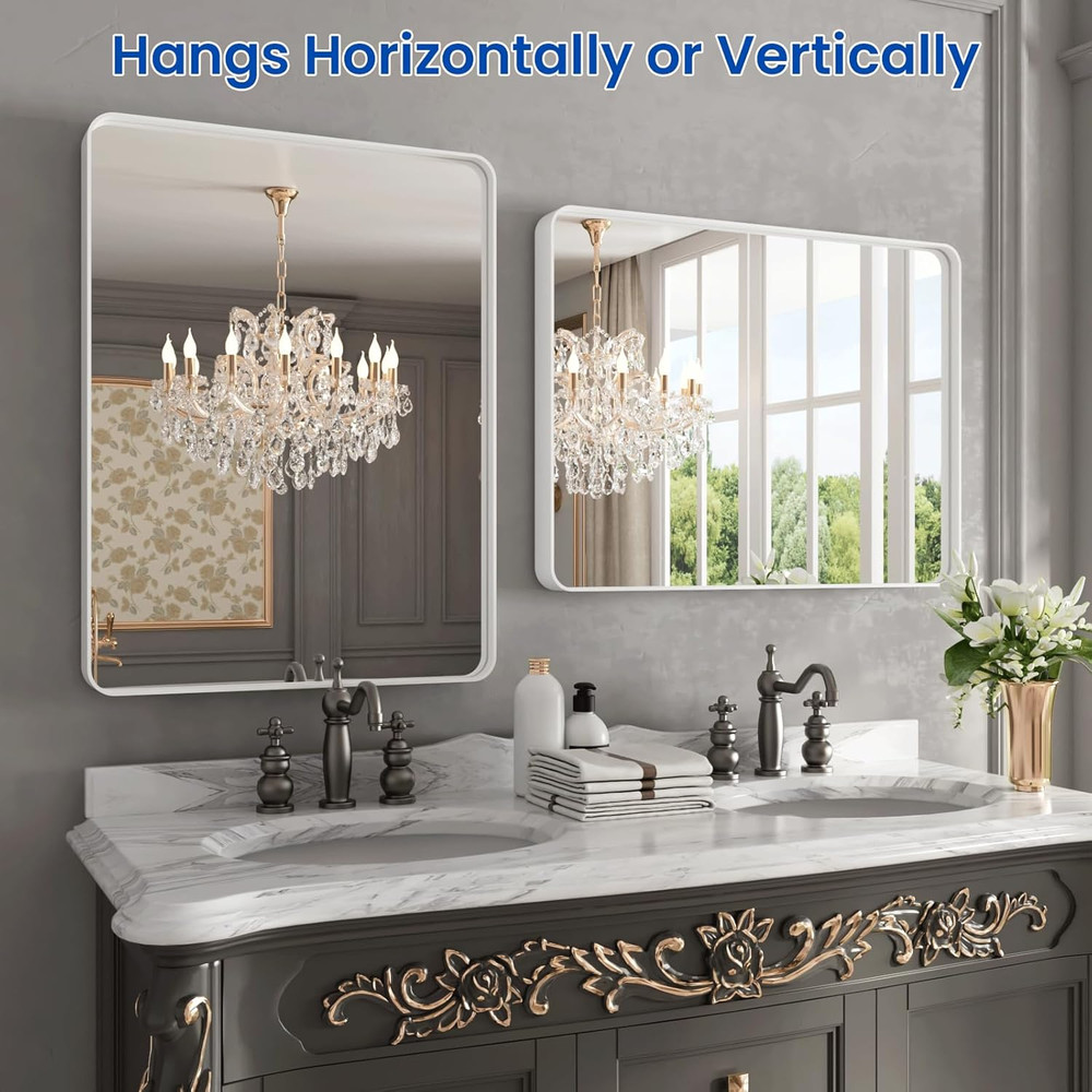 Matte White Rectangular Bathroom Mirror 22x30 Inch, Anti-Rust Frame