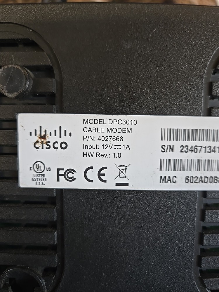 Cisco DPC3010 Cable Modem With Power Cord Black - Works!