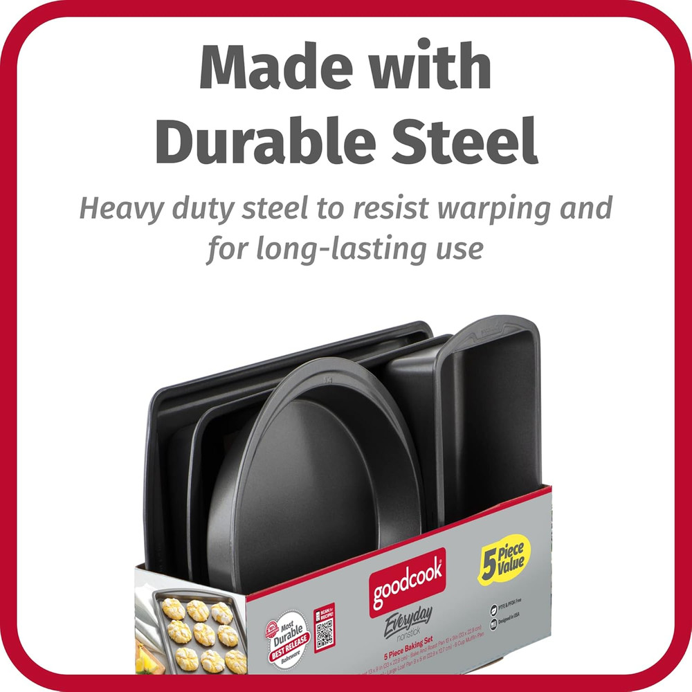 Everyday Nonstick Steel 5-Piece Bakeware Set, Gray, Includes Cookie Sheet, Cake