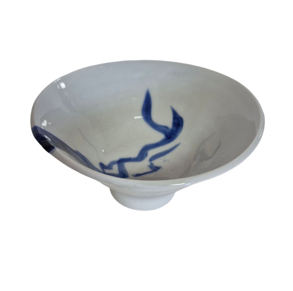 Studio Pottery Bowl Abstract Blue Drip Glaze Footed Base Organic Form Signed